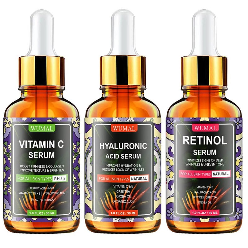 Wumal 3 Pack Face Serum Set - Includes Vitamin C, Retinol & Hyaluronic Acid - Firming, Brightening & Hydrating - Reset Your Skin Day and Night - Image 1